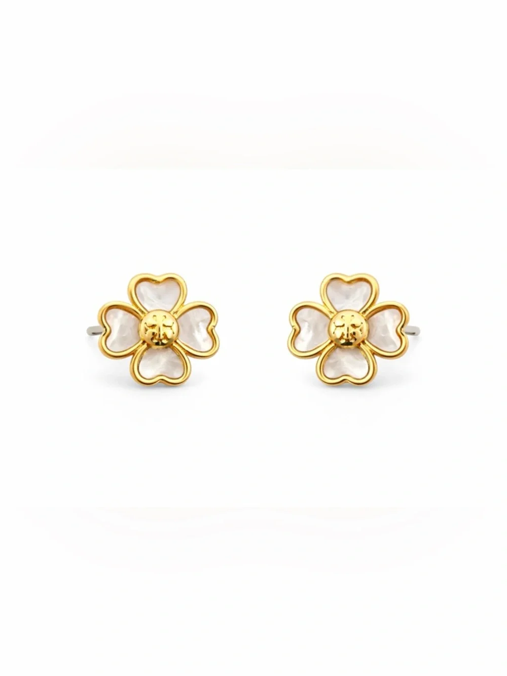 Tory Burch Forget Me Not Mother-of-Pearl Four-Leaf Clover Metal Stud Earrings